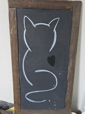 Rustic Wood Cat Silhouette Painting Wall Art - Black & White
